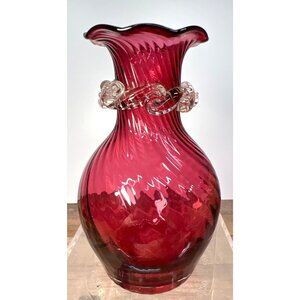 Hand-Blown Cranberry Glass Vase With Clear Swirl Accent Elegant Home Décor Piece